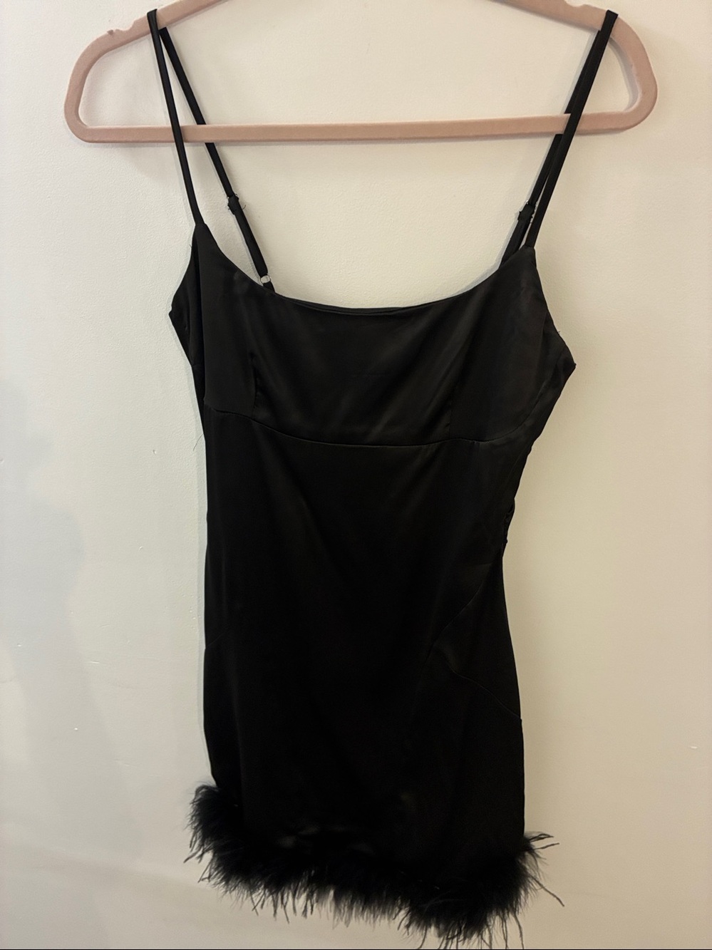Y2K Retro Silky Black Lined Feather Bottom Mob Wife Sexy Slip Dress Size S